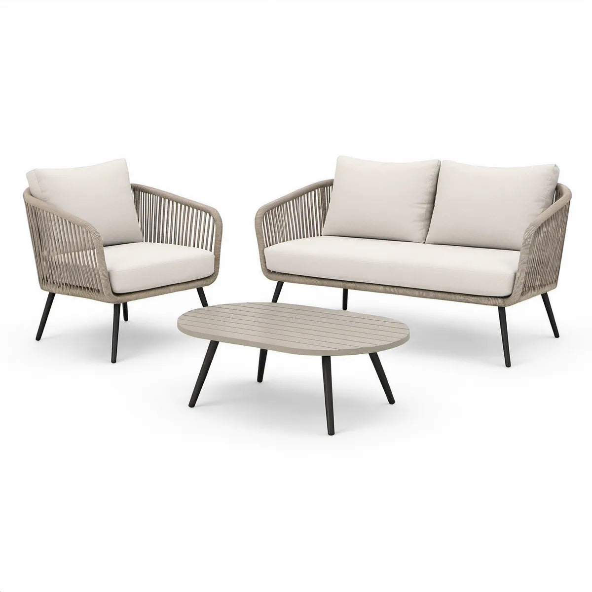 Conjunto de Exterior de 3 Peças Bege, Cinzento e Preto com Sofá 145 x 75 x 78 cm, Cadeirão e Mesa Oval