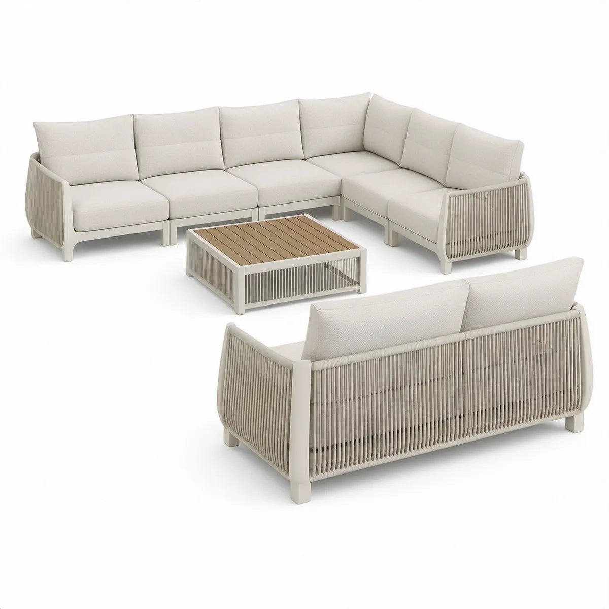Conjunto de Jardim em L com 5 Lugares e Mesa de Centro 300 x 225 cm em Alumínio Bege/Castanho-claro