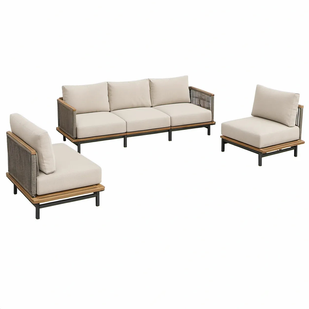 Conjunto de Jardim com Sofá de 3 Lugares e 2 Poltronas em Alumínio e Madeira de Acácia Bege, 210 x 78 x 70 cm