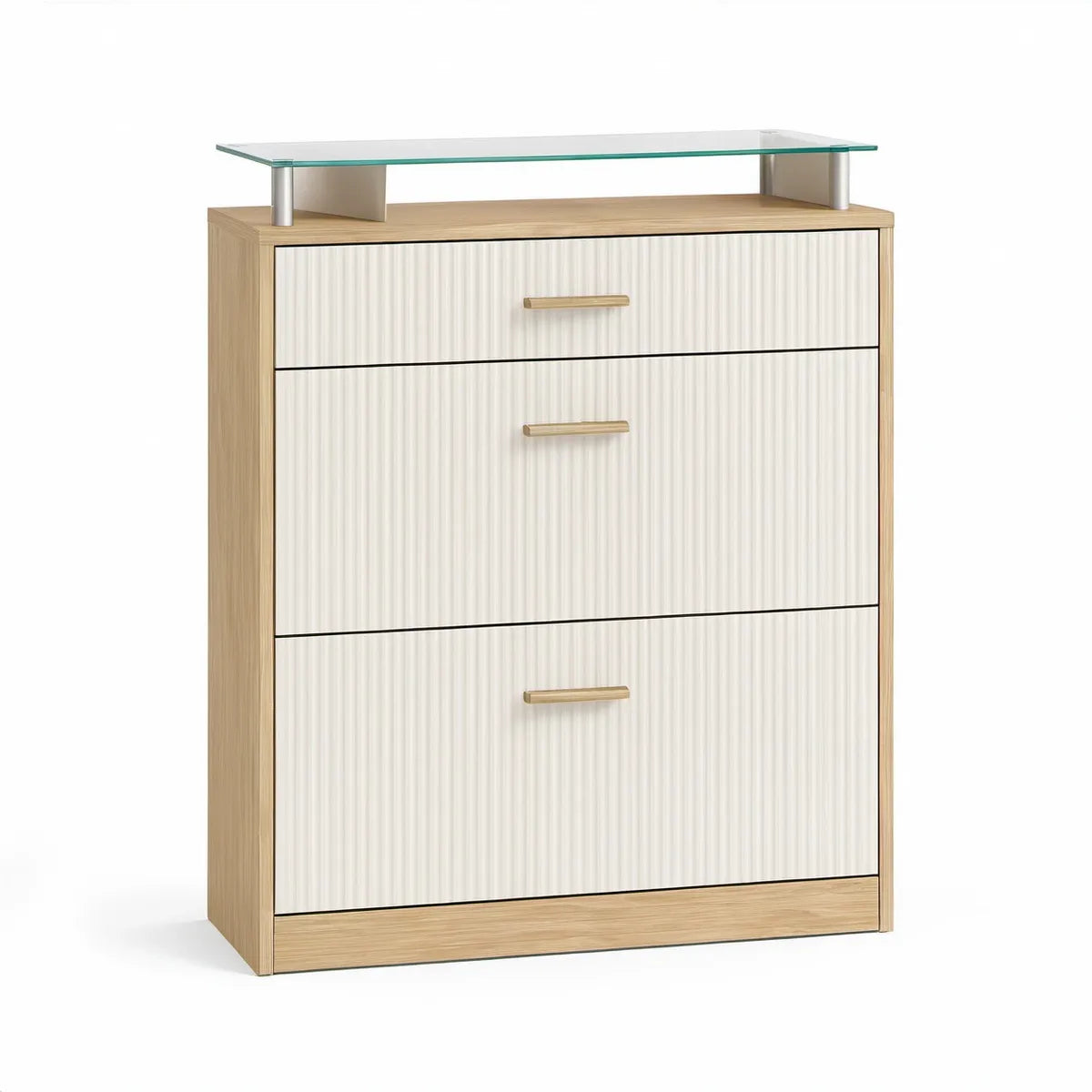 Sapateira Vertical de 3 Compartimentos Basculantes com Prateleira em Vidro, Branco e Carvalho-Claro, 80 x 30 x 110 cm