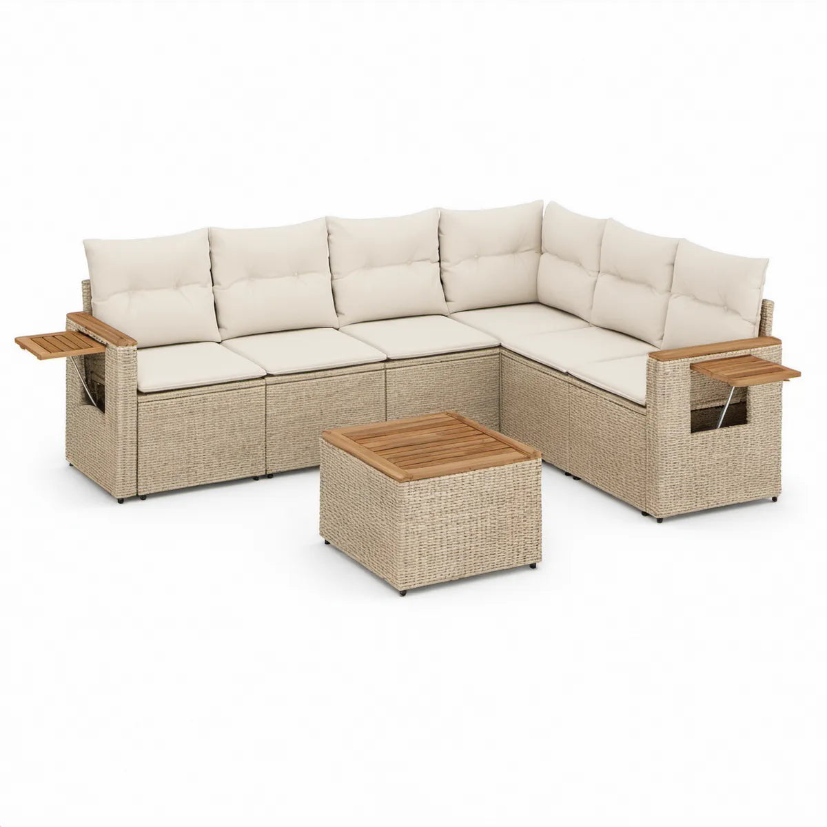 Conjunto Modular de Jardim em L para 5 Lugares com Mesa, 240 x 170 x 63 cm, Bege e Castanho