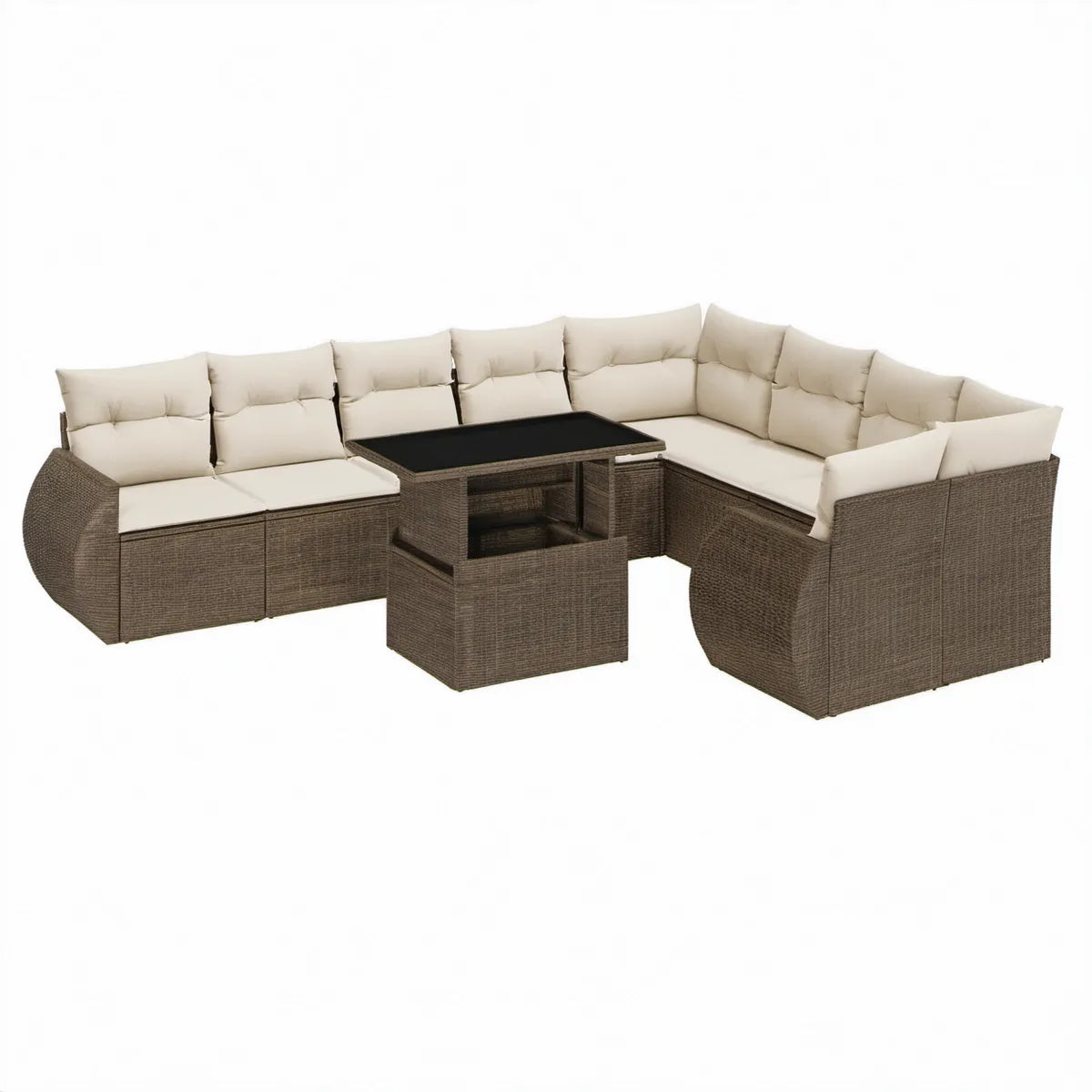 Conjunto de Sofás de Jardim em Vime PE Castanho com Almofadas Creme e Mesa de Vidro Preto 360 x 180 x 85 cm