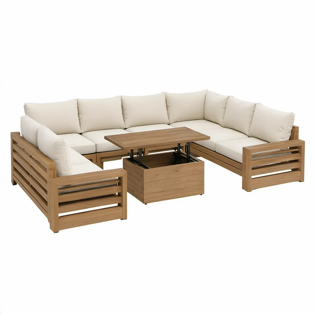 Conjunto Modular de Exterior em L com Tampo Elevatório, Acácia Castanho Natural e Almofadas Bege, 280 x 220 cm