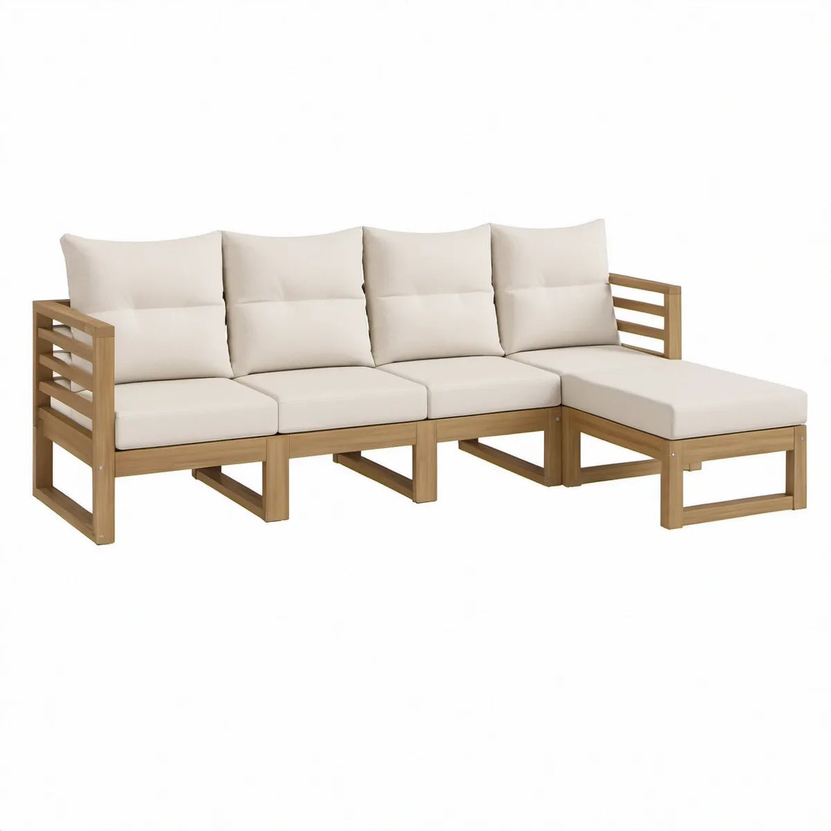 Sofá de Jardim Modular em L para 4 Lugares em Madeira de Acácia Castanho com Almofadas Creme, 280 x 140 x 69 cm