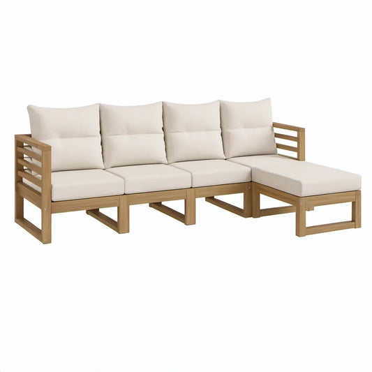 Sofá de Jardim Modular em L para 4 Lugares em Madeira de Acácia Castanho com Almofadas Creme, 280 x 140 x 69 cm