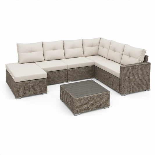 Conjunto de Sofás de Jardim Modulares em Rattan PE Bege e Cinzento-Acastanhado, 280 x 210 x 60 cm
