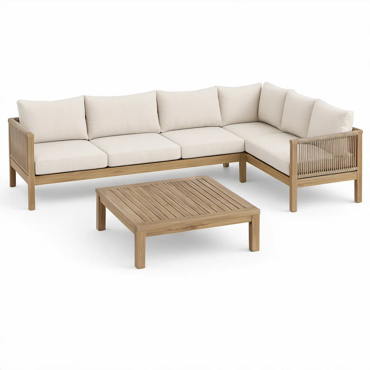 Sofá de Canto em L com Mesa de Centro em Madeira de Acácia, Castanho Natural e Bege, 250 x 185 x 75 cm