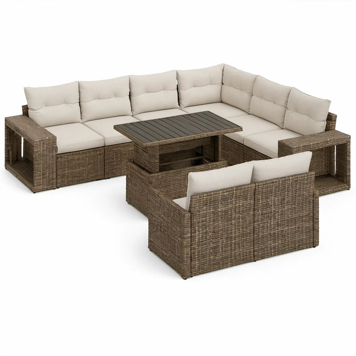 Conjunto de Jardim em U para 7 Lugares com Mesa, 280 x 210 x 65 cm, Vime PE Castanho-Taupe, Creme e Preto