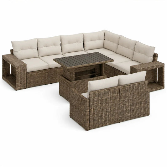 Conjunto de Jardim em U para 7 Lugares com Mesa, 280 x 210 x 65 cm, Vime PE Castanho-Taupe, Creme e Preto