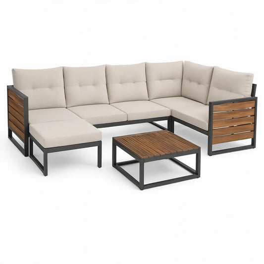 Conjunto de Sofá de Exterior em L com Mesa de Centro, 6 Peças, Aço e Madeira de Acácia, Bege/Preto/Castanho, 280 x 210 cm
