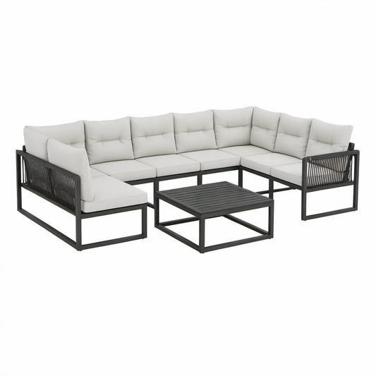 Conjunto Modular de Jardim em L com Mesa 277 x 207 x 75 cm em Alumínio Preto e Cinzento-claro