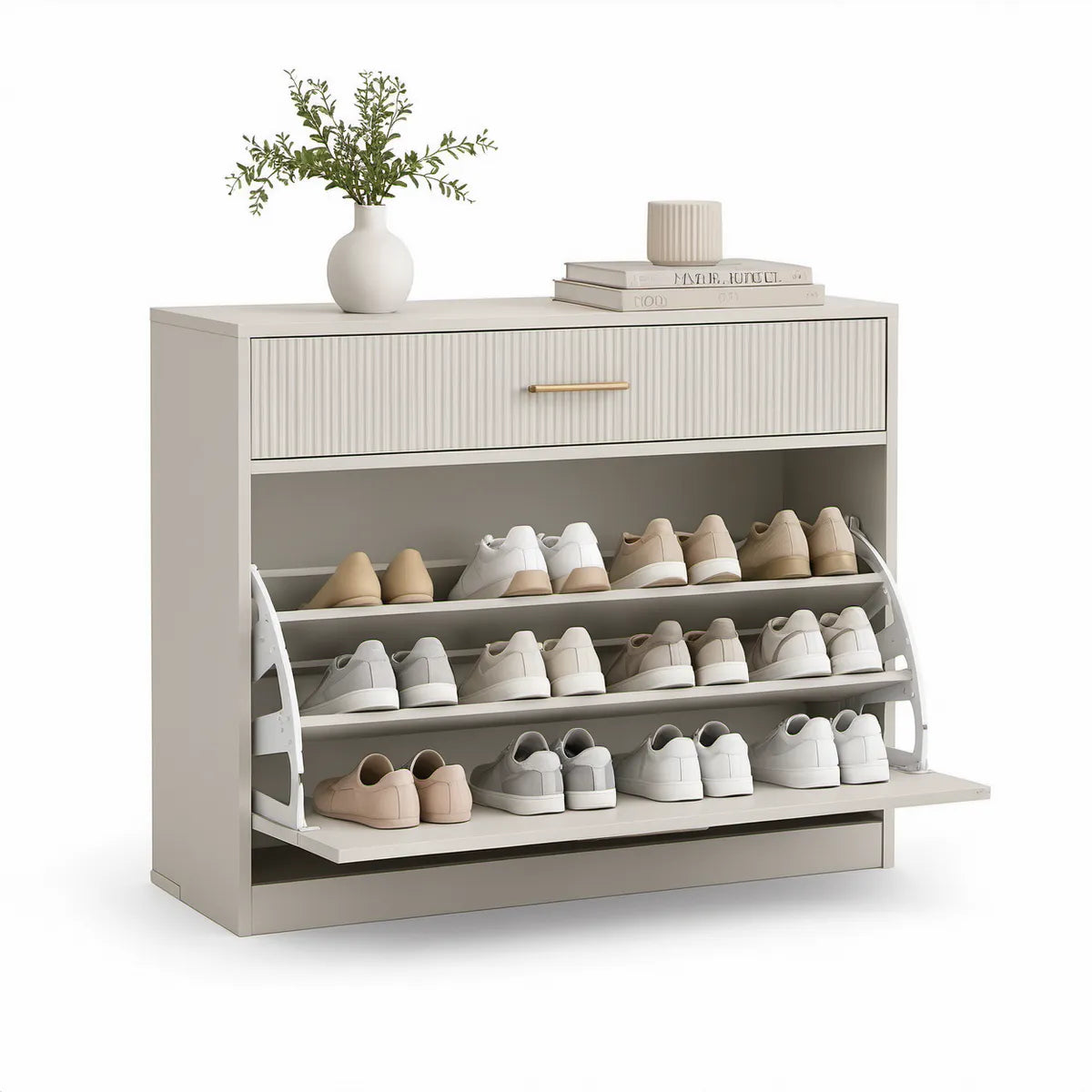 Sapateira em MDF Branco Creme com Gaveta, 3 Prateleiras Basculantes e Puxador Dourado, 100 x 35 x 100 cm