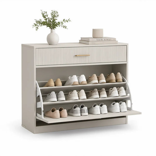 Sapateira em MDF Branco Creme com Gaveta, 3 Prateleiras Basculantes e Puxador Dourado, 100 x 35 x 100 cm