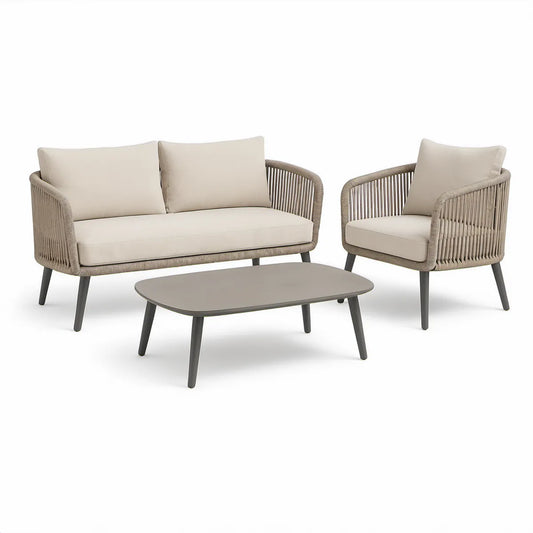 Conjunto de Jardim de 3 Peças em Aço e Corda PE Bege, Taupe e Cinzento-escuro