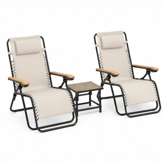 Conjunto de 2 Cadeiras Reclináveis de Gravidade Zero com Mesa Dobrável em Aço e Textilene Bege, 165 x 65 x 110 cm