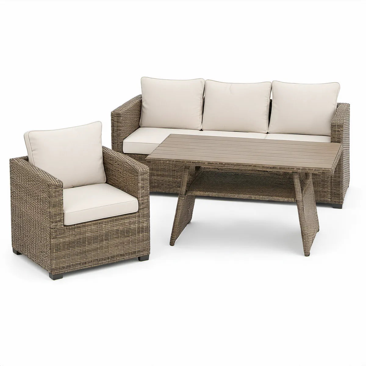 Conjunto de exterior em rattan PE castanho acinzentado e creme com sofá de 3 lugares, poltrona e mesa de centro