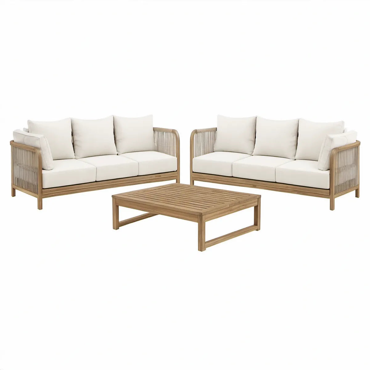 Conjunto de Exterior com 2 Sofás de 3 Lugares e Mesa de Centro Retangular em Madeira de Acácia Castanho-claro e Bege