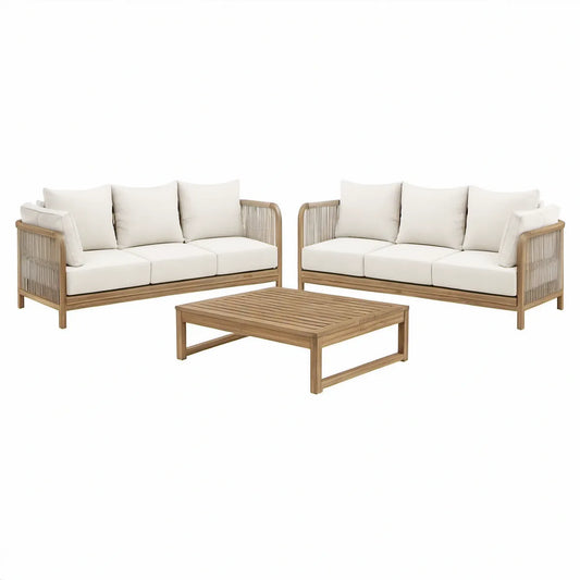 Conjunto de Exterior com 2 Sofás de 3 Lugares e Mesa de Centro Retangular em Madeira de Acácia Castanho-claro e Bege