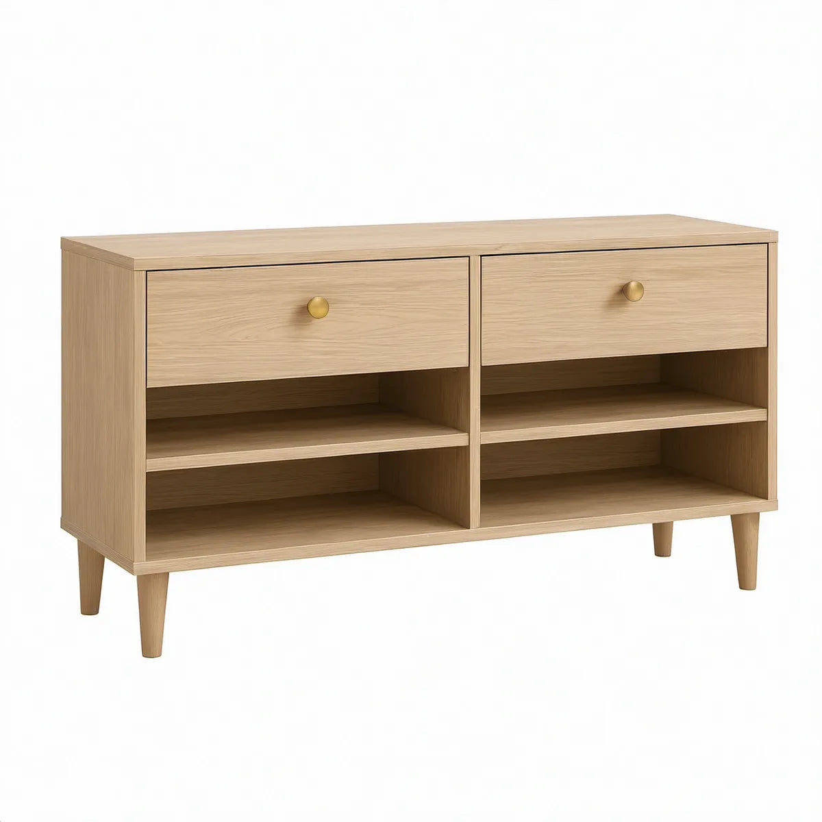 Sapateira em MDF folheado a carvalho bege com 2 gavetas e 2 prateleiras, 110 x 35 x 80 cm