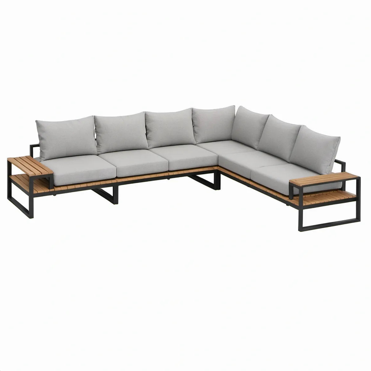 Sofá de jardim modular em L para 5 lugares 295 x 220 x 65 cm Cinzento-claro, Preto e Castanho natural