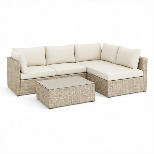 Conjunto de exterior em L com mesa de centro, 220 x 160 cm, Bege Acinzentado e Creme