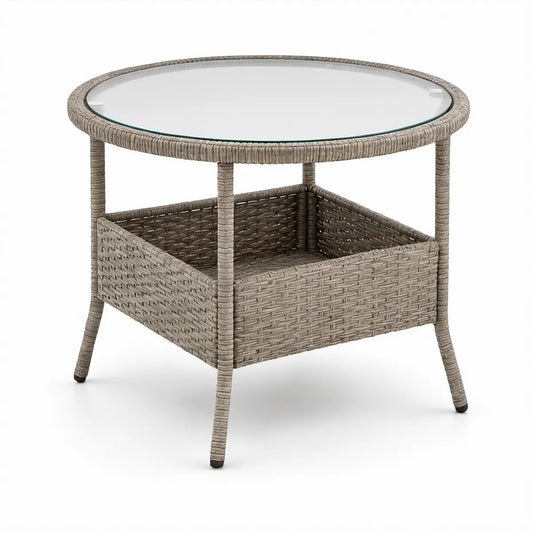 Mesa de Centro de Jardim Redonda em Rattan PE Cinzento com Vidro Temperado, Ø60 x 55 cm