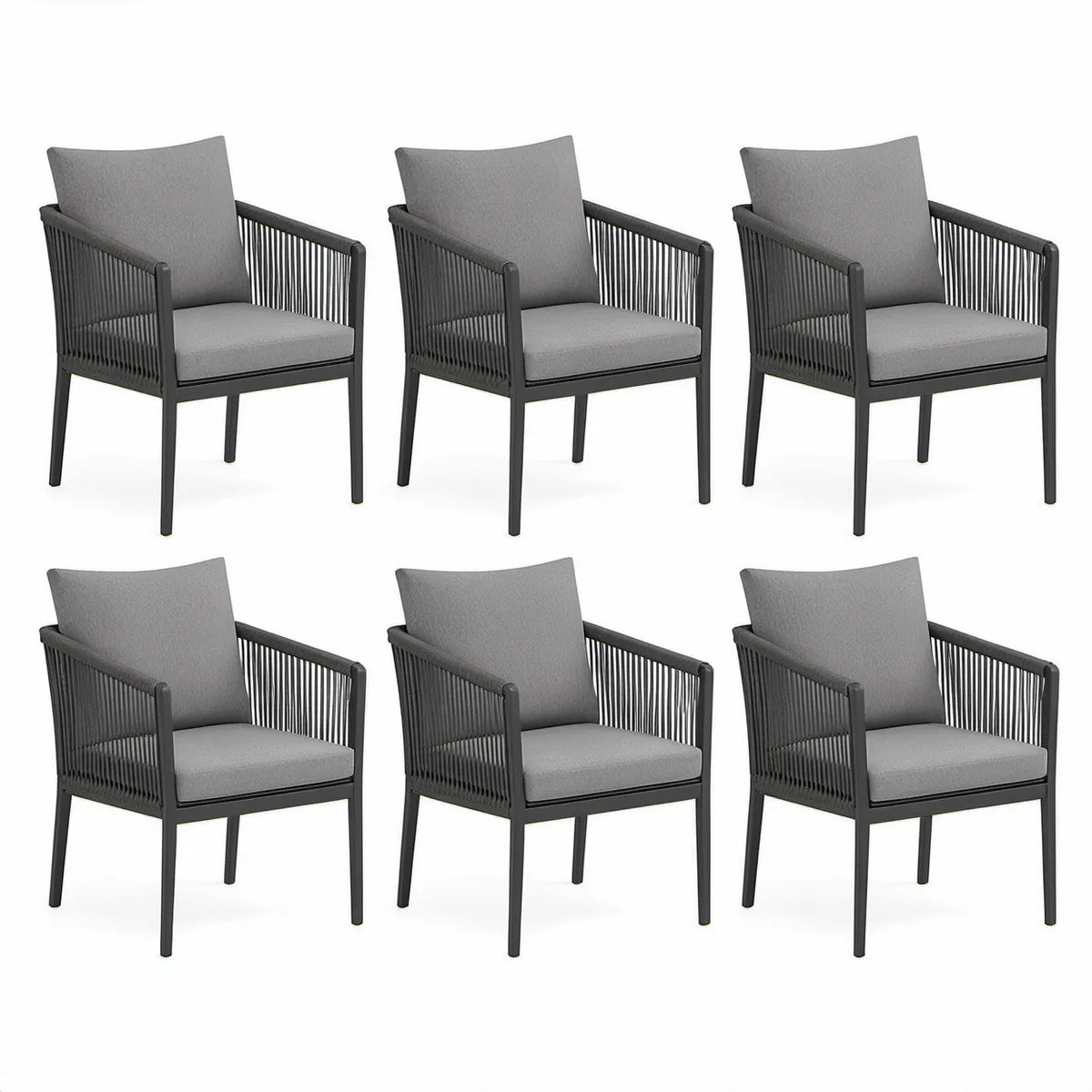 Conjunto de 6 Poltronas de Jardim em Aço e Corda PE Preto/Cinzento, 57 x 65 x 85 cm