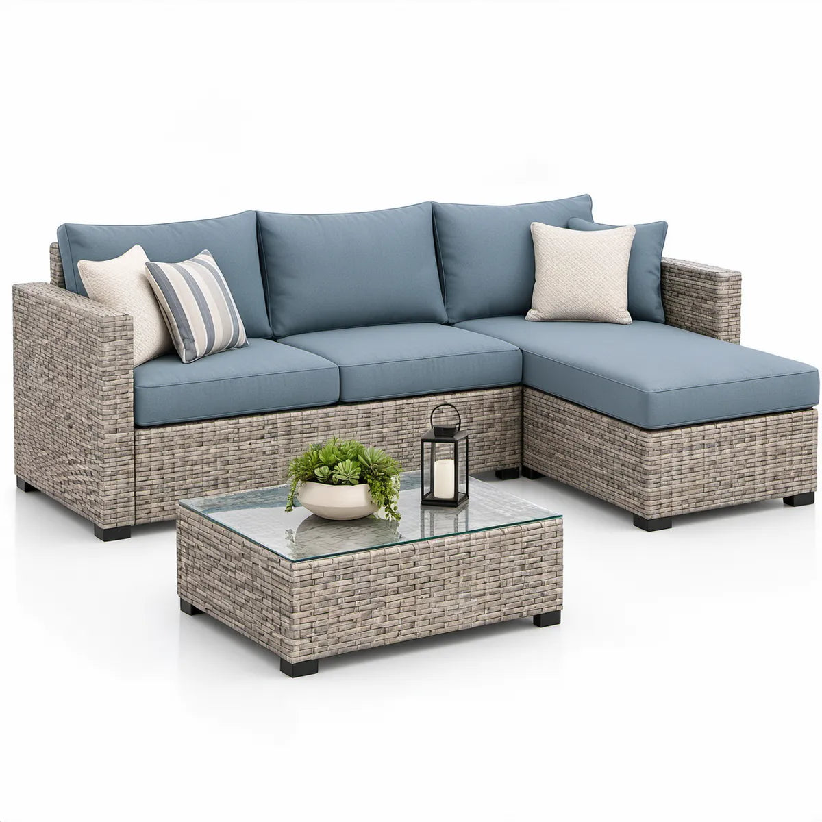 Conjunto de exterior com sofá em L e mesa de centro, 220 x 150 x 85 cm, em vime PE cinzento-toupe com almofadas azul-acinzentadas
