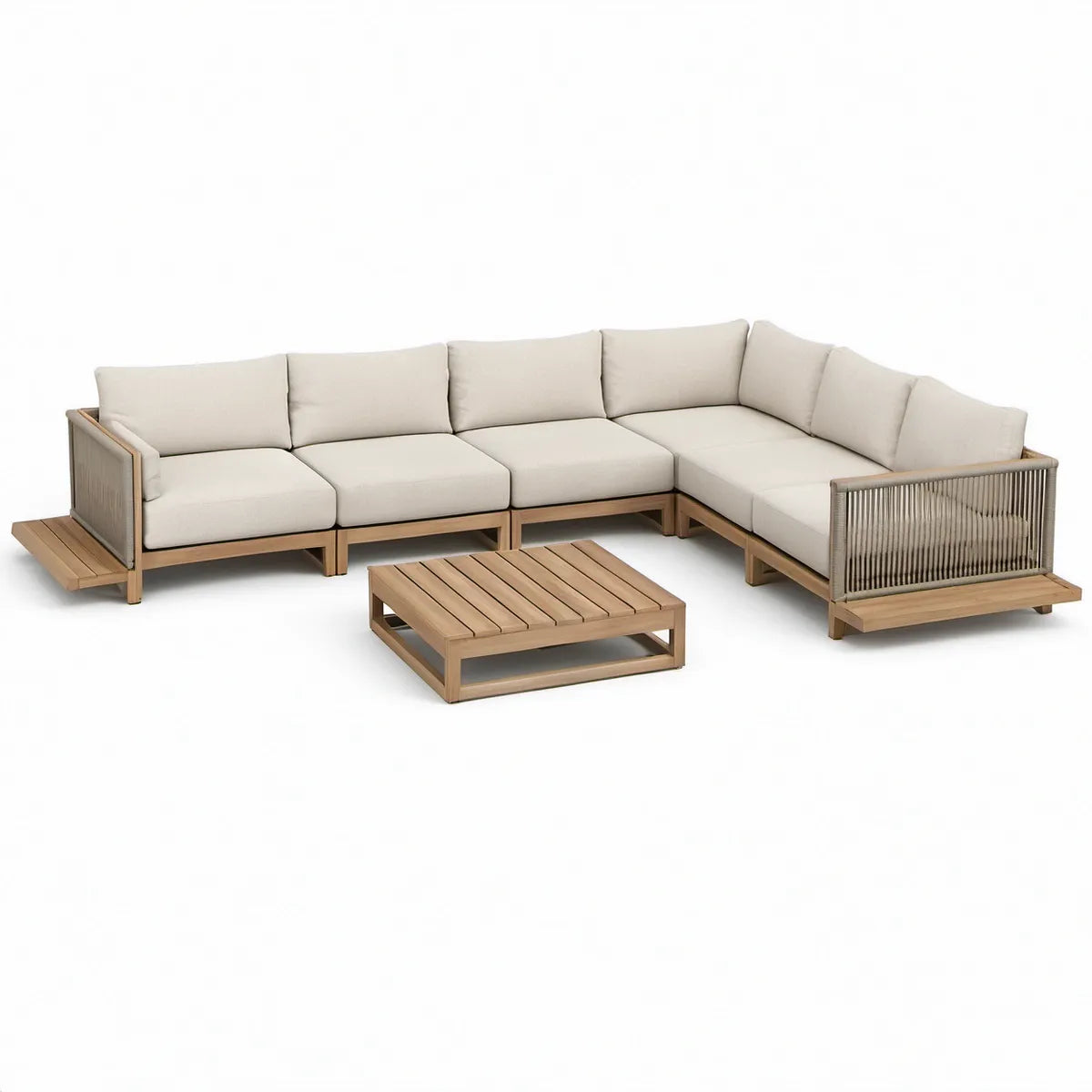 Sofá de Jardim Modular em L com Mesa de Centro, Acácia Natural, Almofadas Bege e Corda Cinzenta, 303 x 222 x 72 cm