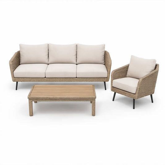 Conjunto de Exterior em Rattan Sintético Bege com Sofá de 3 Lugares, Poltrona e Mesa de Centro 200 x 80 x 78 cm