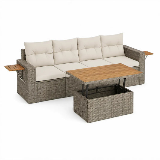 Sofá de Jardim em L para 4 Lugares com Mesa Elevatória e Arrumação, Cinzento, Bege e Castanho, 225 x 170 x 85 cm