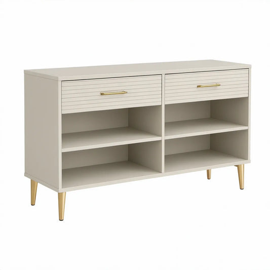 Sapateira Retangular em MDF Branco e Dourado com 2 Gavetas e 4 Nichos, 120 x 35 x 80 cm