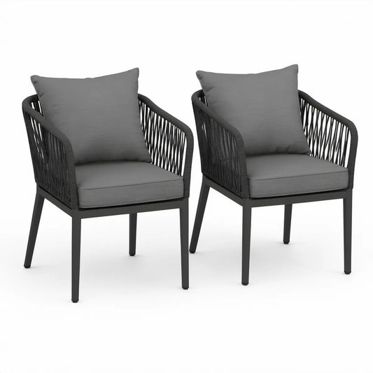 Conjunto de 2 Cadeiras de Jardim com Braços em Aço e Corda PE Preto/Cinzento-escuro, 57 x 60 x 80 cm