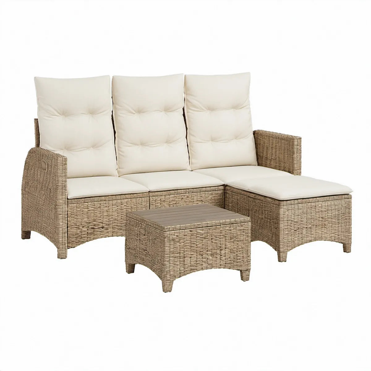 Conjunto de Exterior em Rattan PE Bege e Branco-Creme com Chaise Longue e Mesa, 196 x 124 x 80 cm